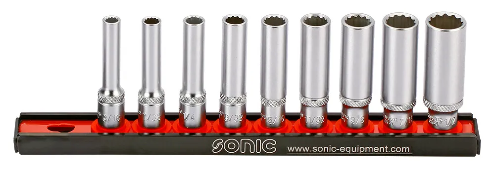 Sonic Doppenset 1/4" 12-kant lang op rail SAE 9-dlg.