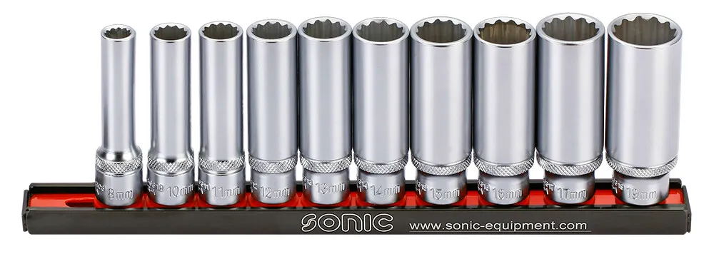 1000368 Sonic Doppenset 3/8"12-Kant Lang 10 Dlg Op Rail 201010