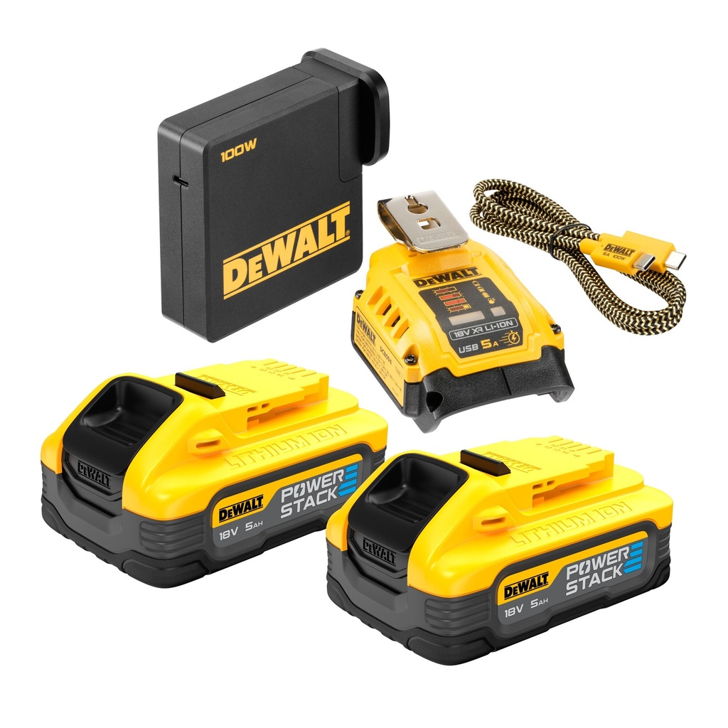 Dewalt DCB094H2 2× 5.0Ah POWERSTACK accu’s en USB laadadapter