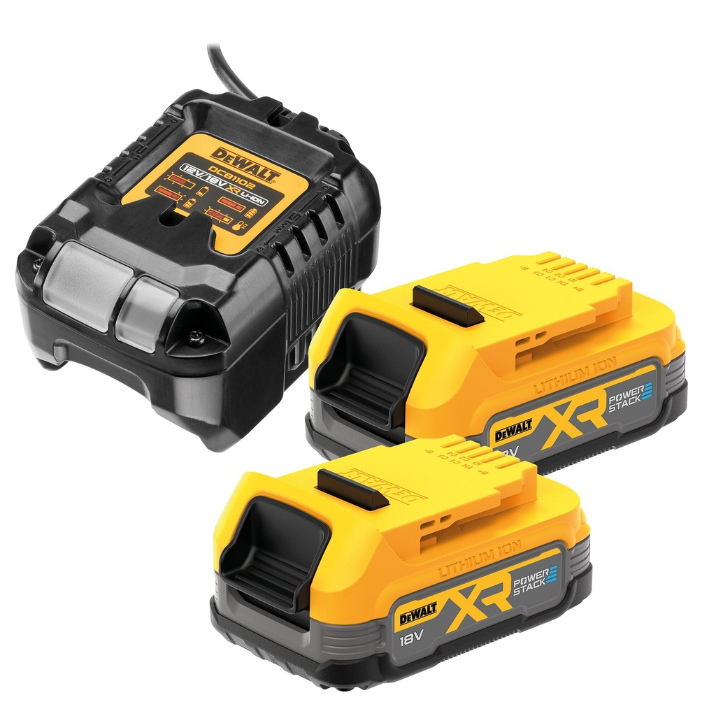 [DCB1102E2] Dewalt DCB1102E2 2× 18V XR compact POWERSTACK accu’s en lader