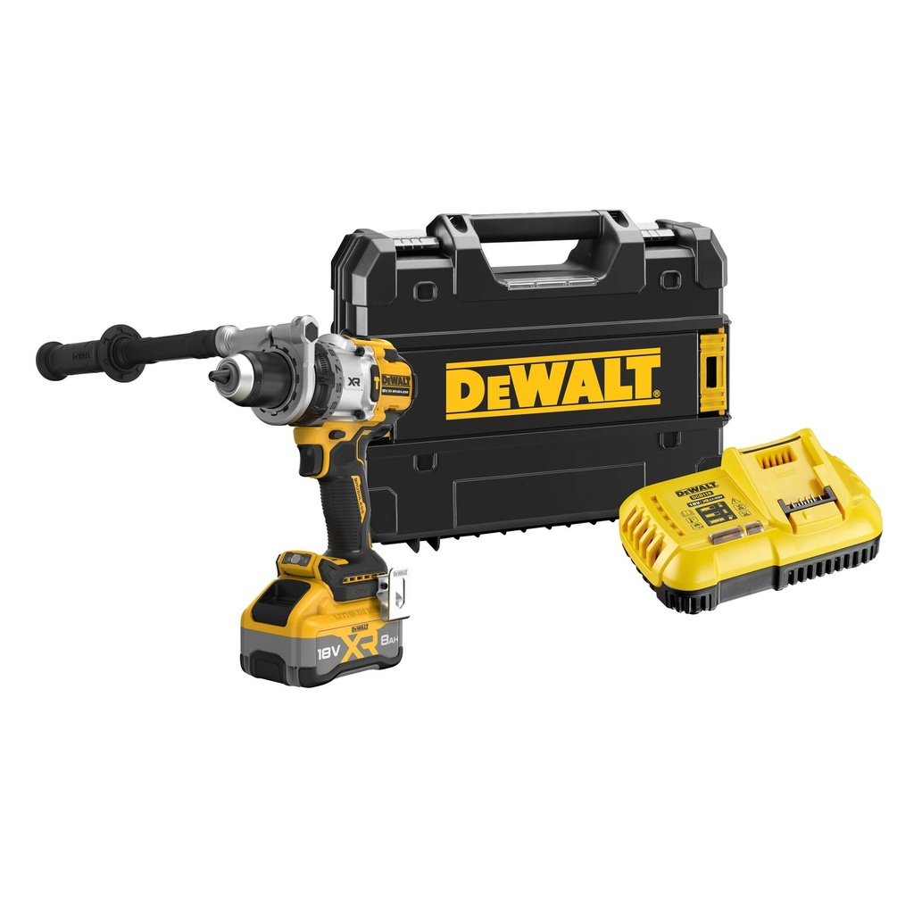 DeWalt DCD1007WW1T  Schroef/klopboormachine 18V brushless motor
Geleverd met 1× 8.0Ah accu en lader in een TSTAK koffer
