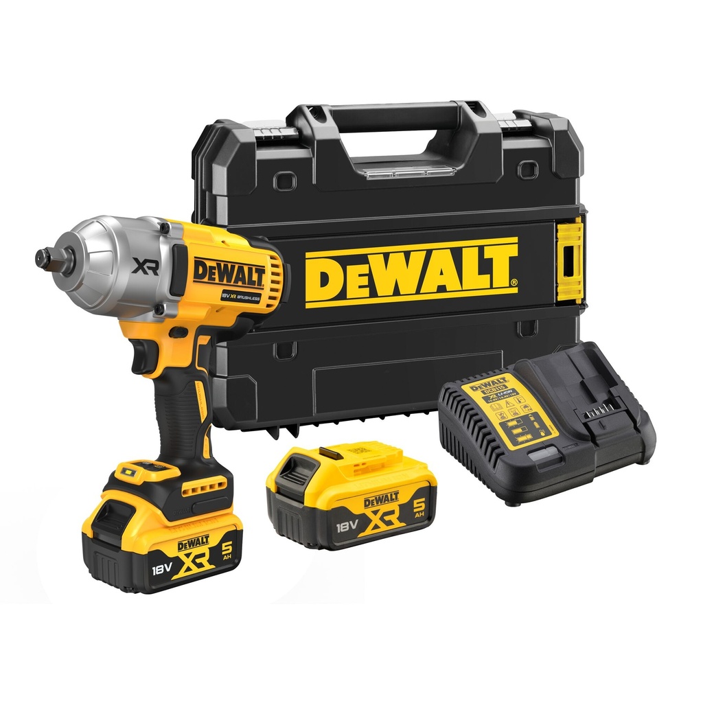 Dewalt DCF900P2T 18V XR BRUSHLESS SLAGMOERSLEUTEL MET FRICTIERING 1/2”
2× 5.0Ah accu’s en lader in TSTAK koffer
