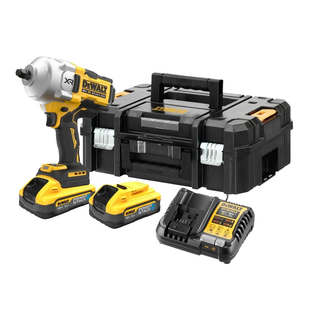 DeWALT DCF961H2T 18V XR 1/2” HOOGKOPPEL SLAGMOERSLEUTEL
Geleverd met 2× 5.0Ah POWERSTACK accu’s en lader in een TSTAK koffer