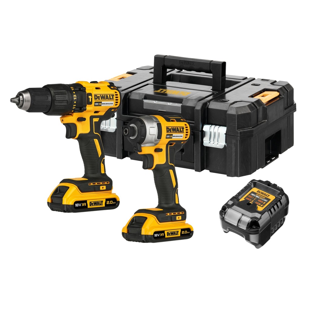 Dewalt DCK2060D2T 18V XR BRUSHLESS 2-DELIGE VOORDEELSET
18V XR Brushless schroef-/boormachine DCD778
18V XR Brushless slagschroevendraaier DCF787
2× 2.0Ah accu’s en lader TSTAK koffer