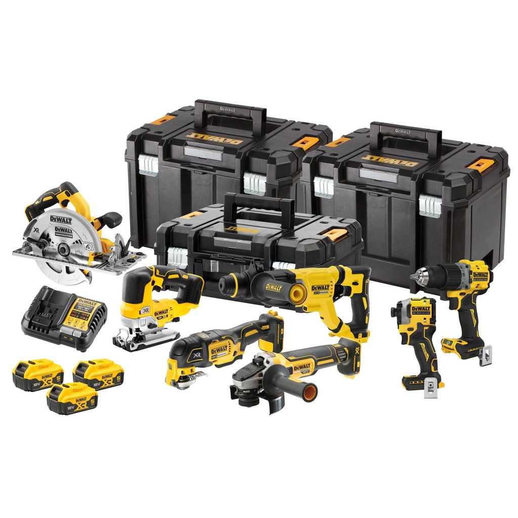 Dewalt DCK706P3T 18V XR BRUSHLESS 7-DELIGE VOORDEELSET
DCD805+DCF850+DCS355+DCH263+DCG405+DCS572+DCS334
Geleverd met 3× 5.0Ah accu’s en lader