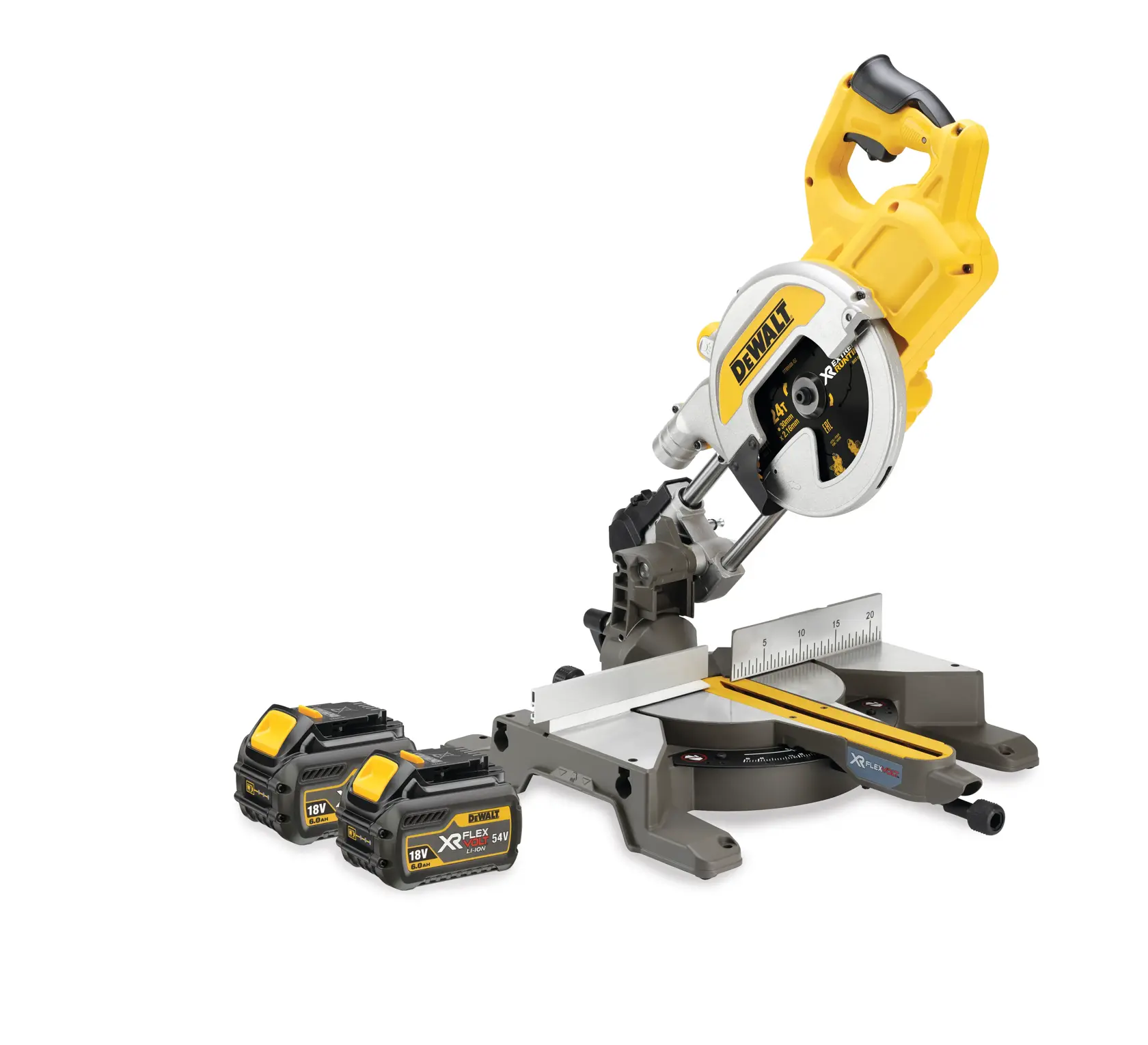 Dewalt DCS777T2 54V XR FLEXVOLT BRUSHLESS 216MM AFKORT- EN VERSTEKZAAG
2× 6.0Ah accu’s en lader
